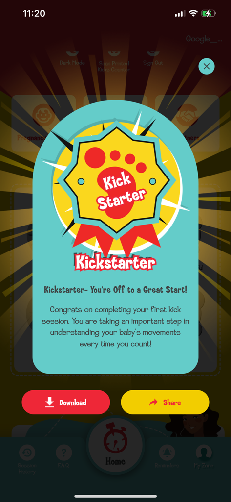 Count the Kicks Kickstarter badge awarded after the first movement tracking session.