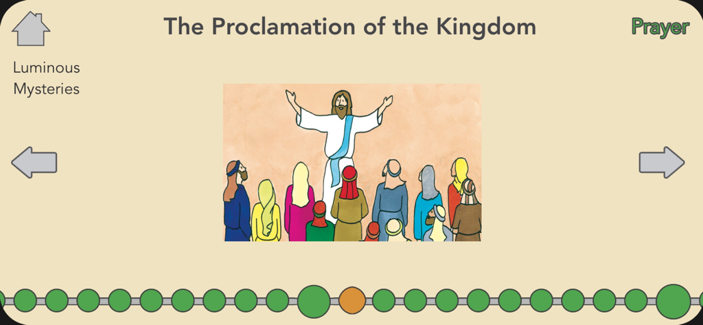Bead By Bead - Screenshot of the Bead by Bead app showing the Proclamation of the Kingdom mystery with a colorful illustration of Jesus and a crowd above a digital rosary bead tracker.