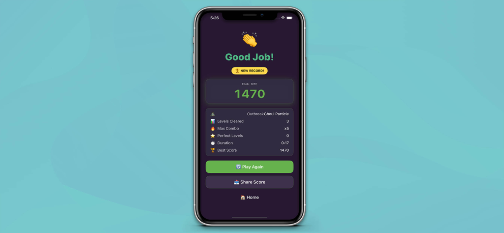Zeapombi - Pantalla de resultados del juego Zeapombi que muestra estadísticas del nivel y un nuevo récord