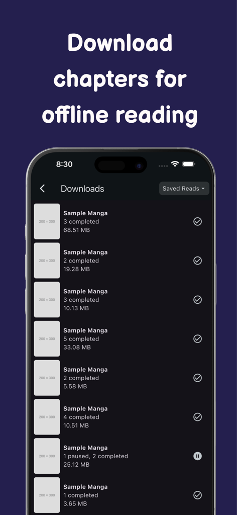 Manga Cookie Browser - Tela de downloads do Manga Cookie Browser mostrando capítulos salvos para leitura offline