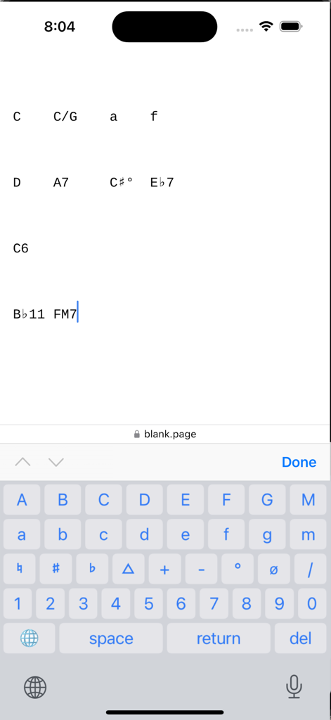 Music Keyboard For Chords - Musik-Tastatur-App zum Tippen von Akkordsymbolen und Notationen auf dem iPhone