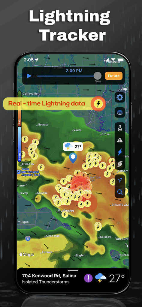Real-time lightning tracker map on NOAA Weather Radar SkyFlip app showing active storm strikes