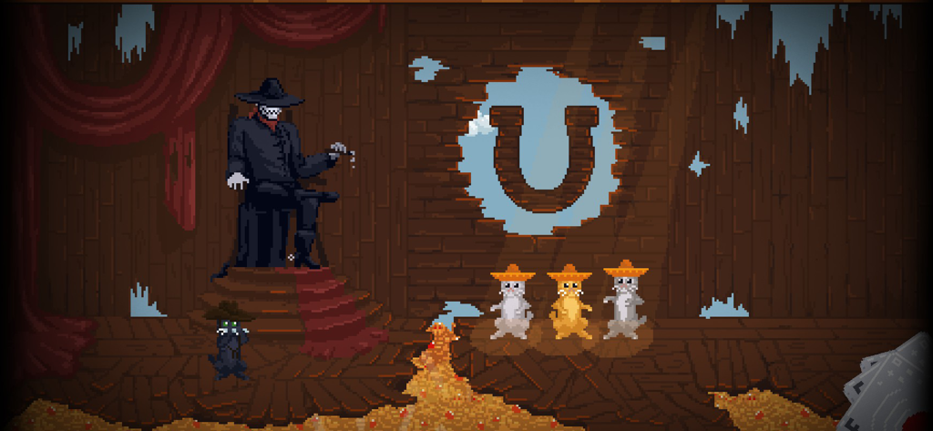 Pixel art scene from Peace Death showing the Reaper on a throne with cats in sombreros and piles of gold.