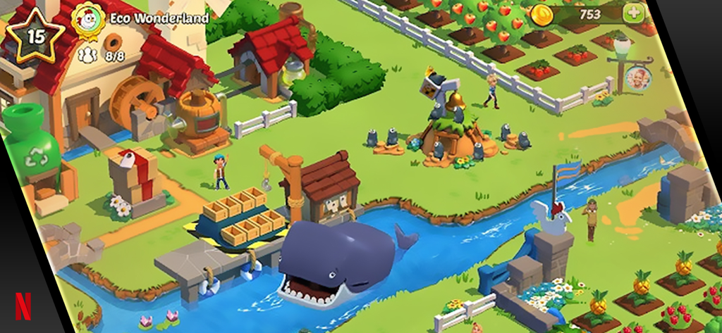 Country Friends - A colorful overview of a virtual farm in Country Friends featuring a whale in the river and various crop fields