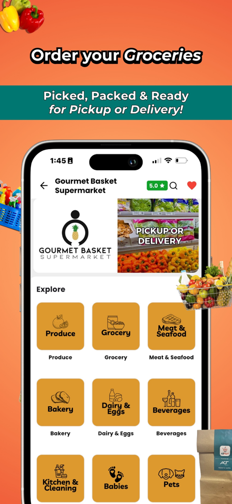 AllMart mobile app interface showing grocery categories for Gourmet Basket Supermarket including produce meat and bakery for pickup or delivery