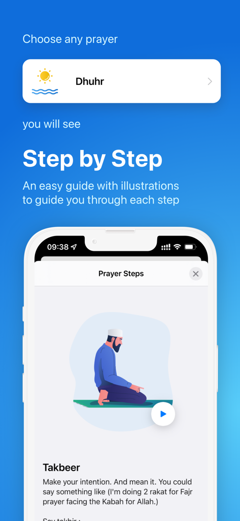 Namaz: Salat Muslim Prayer - A mobile app interface showing a step by step guide for performing Muslim prayer with illustrations and instructions