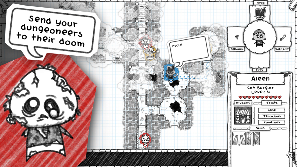 A hand-drawn dungeon map and character profile for a level 4 Cat Burglar in Guild of Dungeoneering.