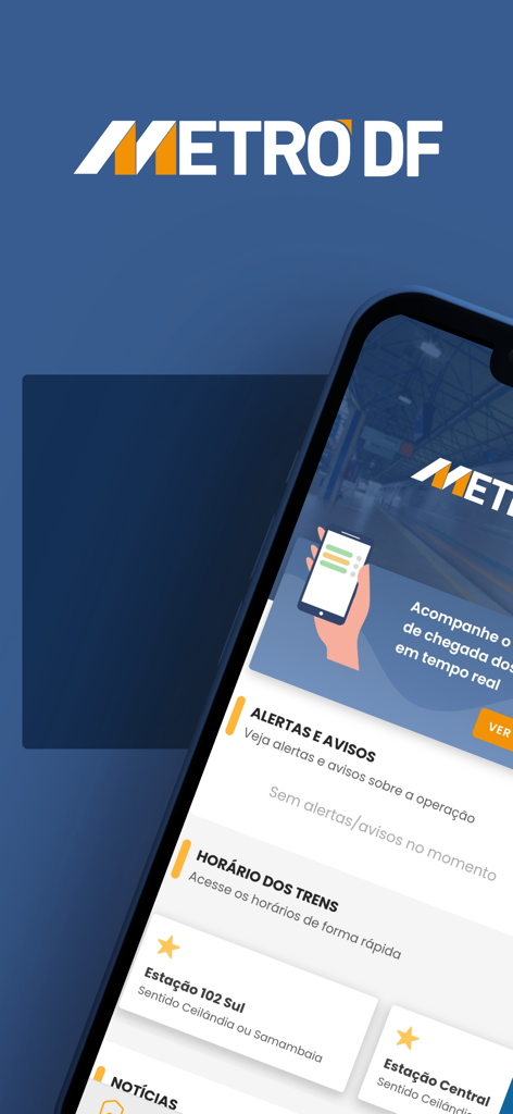 Metrô DF - Metrô DF app interface on a smartphone screen featuring train schedules and service alerts