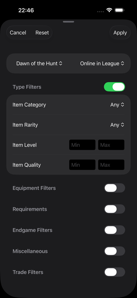 Path of Exile 2 item search filters showing category rarity and level settings in the Data of Exile app