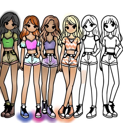 a group of girls wearing crop tops and shorts