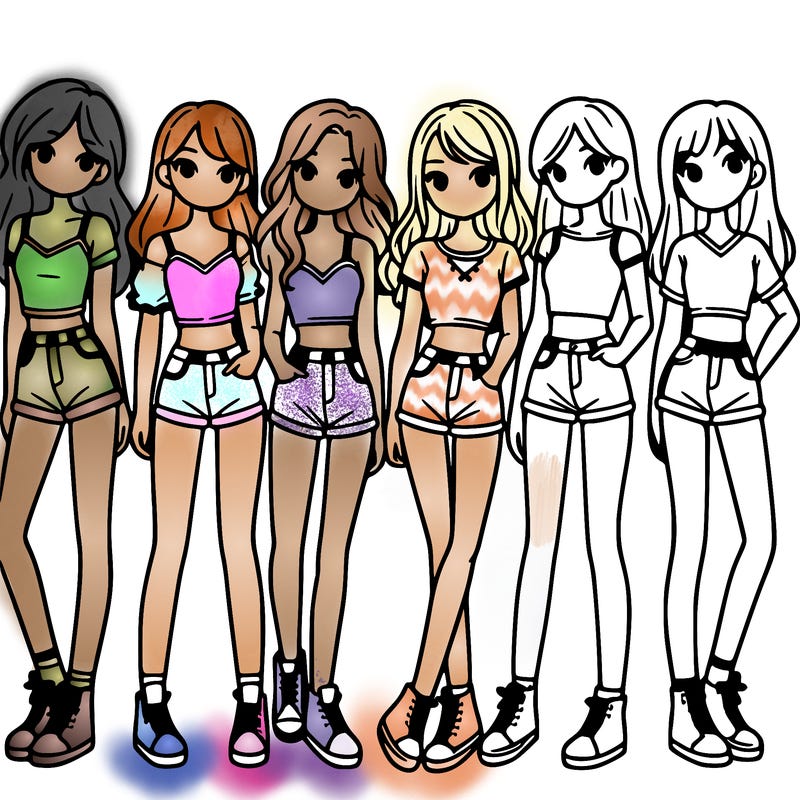 a group of girls wearing crop tops and shorts
