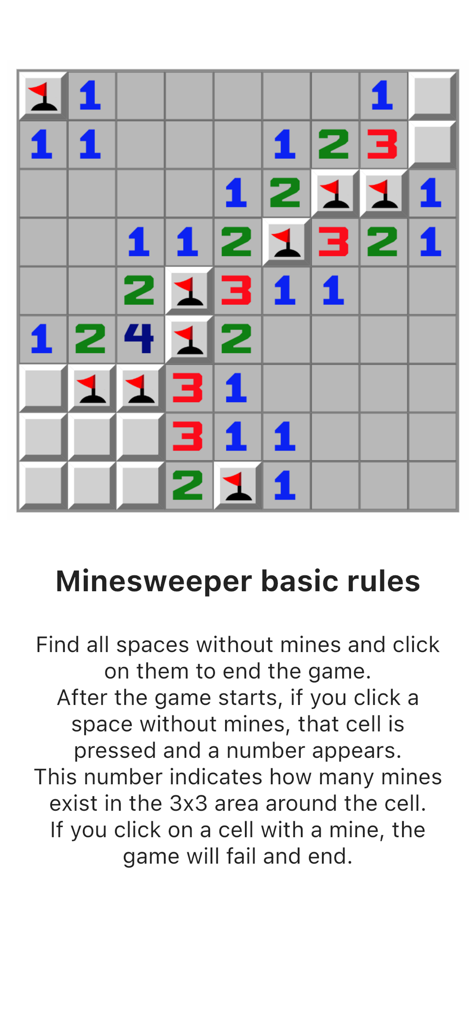 Minesweeper - Classical Game - A screenshot of the Minesweeper game board showing flags and numbers with a text explanation of the basic rules.