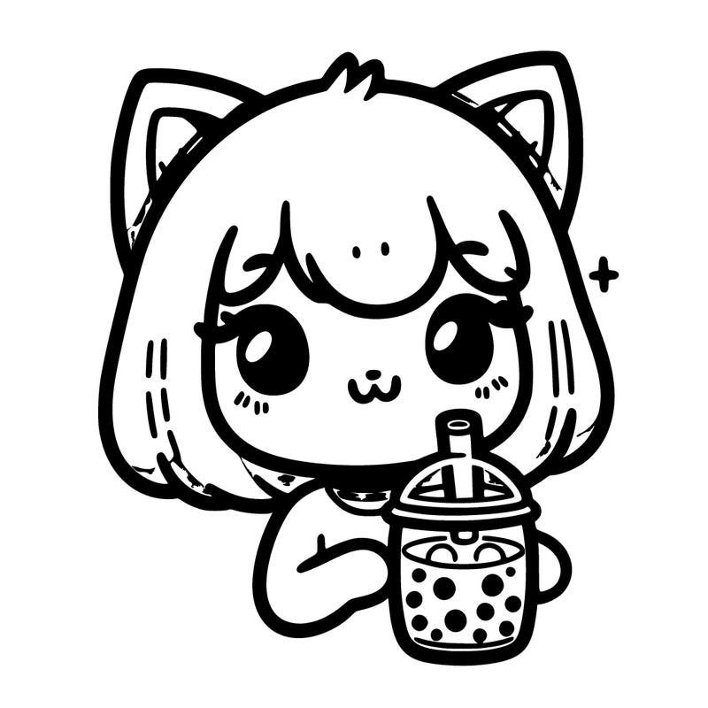 cute human cat girl drinking boba