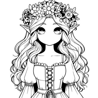realistic elf girl wearing flower crown and dress