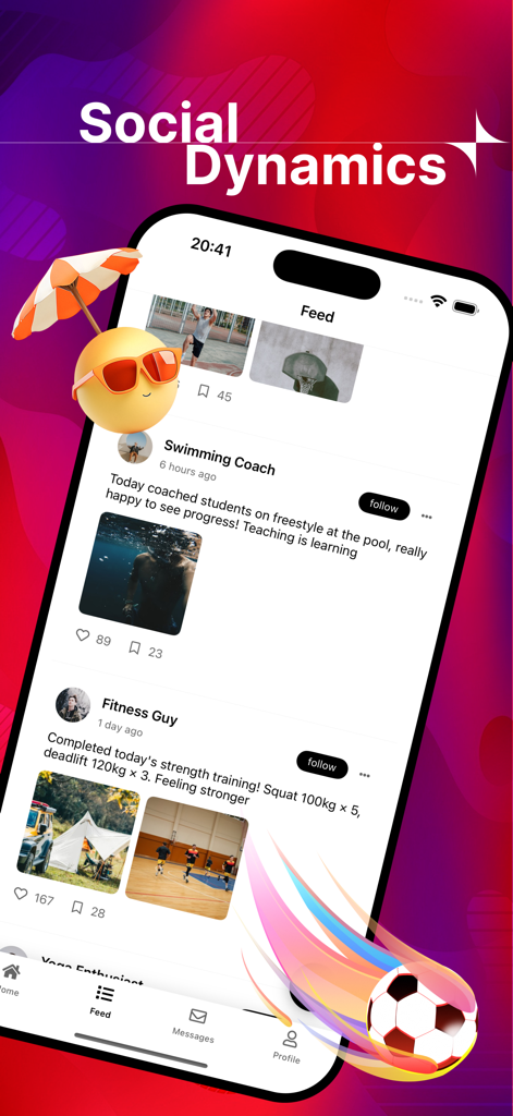 A sports-focused social feed on the Nuvzy app featuring training posts from a swimming coach and fitness enthusiast.