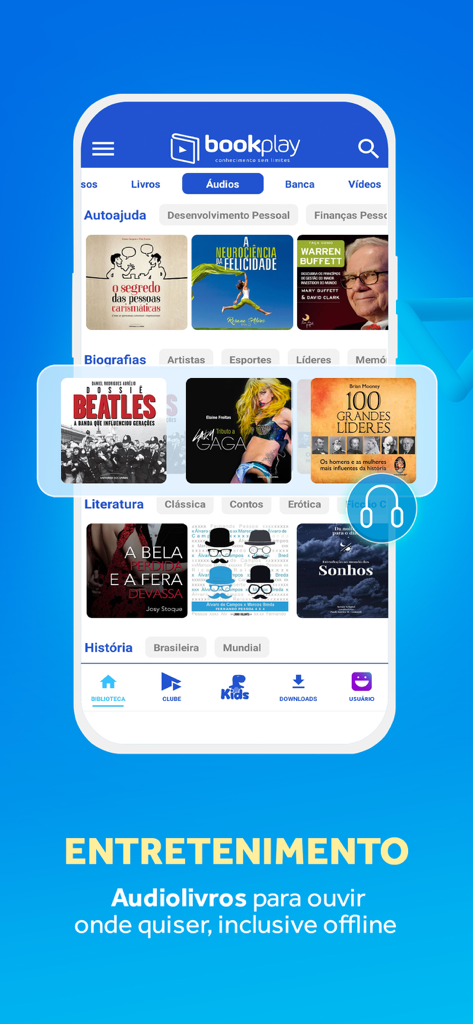 Bookplay - Interface do aplicativo Bookplay mostrando uma biblioteca diversificada de audiolivros em categorias como autoajuda, biografias e literatura.