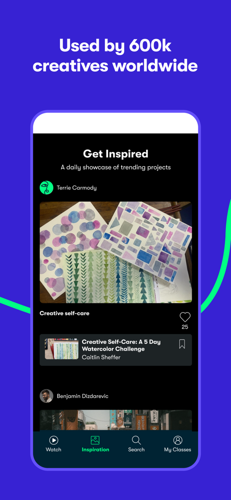 Skillshare: Creativity Classes - Skillshareアプリのインスピレーションタブ。トレンドの水彩プロジェクトとクリエイティブチャレンジが表示されています。