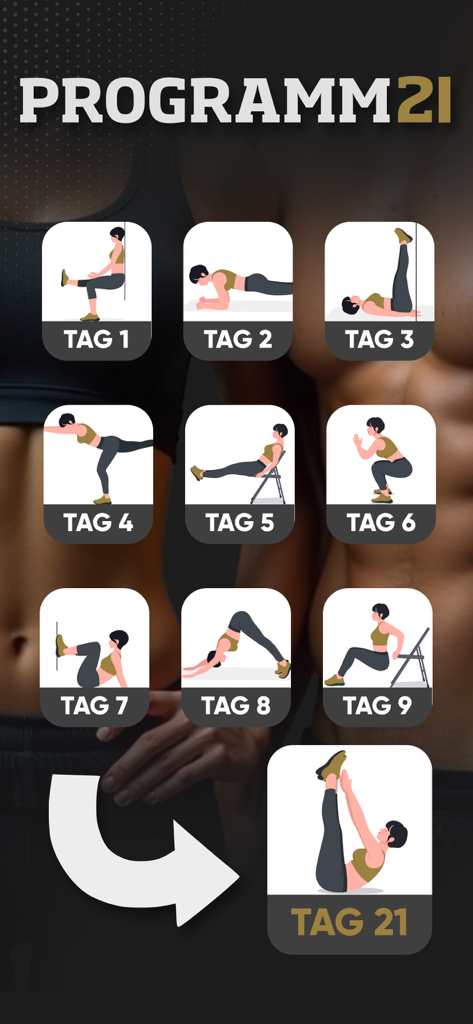 Programm 21: Workouts zuhause - A 21-day fitness challenge grid showing daily bodyweight exercises from the Programm 21 app.
