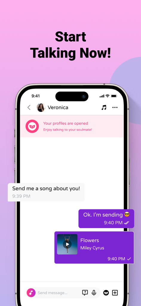 Meet Music: Dating for Spotify - Chat interface in the Meet Music app showing two users sharing a Miley Cyrus song to connect.