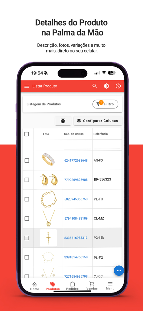 Jueri - Jueri mobile app interface displaying a detailed jewelry product catalog with photos and barcodes