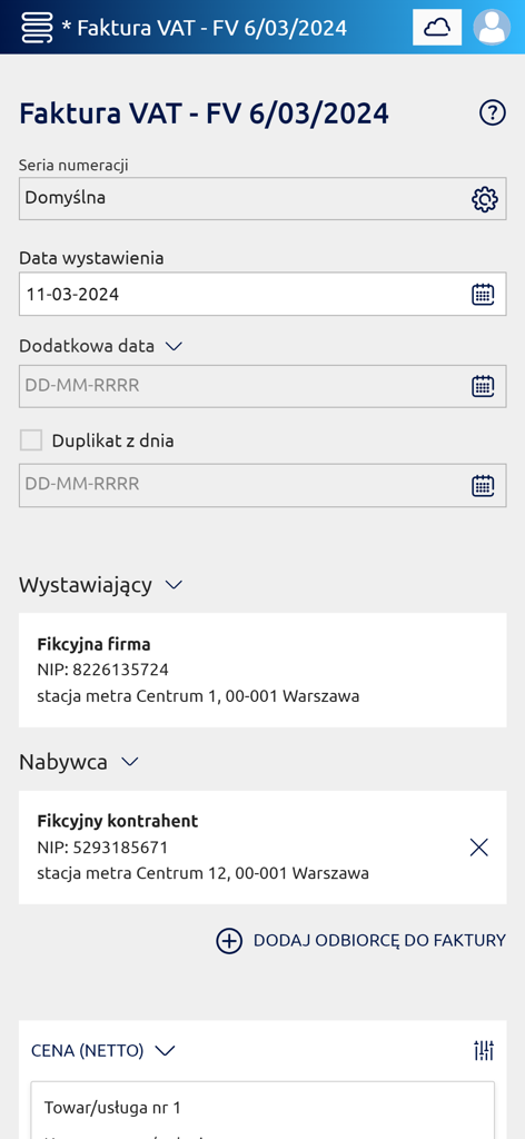 firmly - Tela do aplicativo firmly para criar uma fatura de IVA com campos para informações do emissor e do destinatário