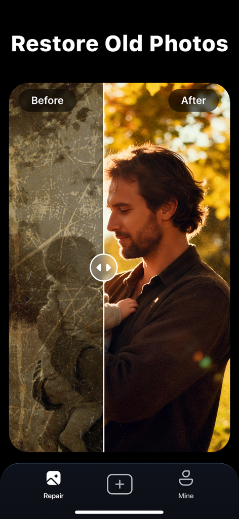 Repairit - AI Photo Enhancer - Before and after comparison showing a scratched old photo restored to high quality with Repairit AI.