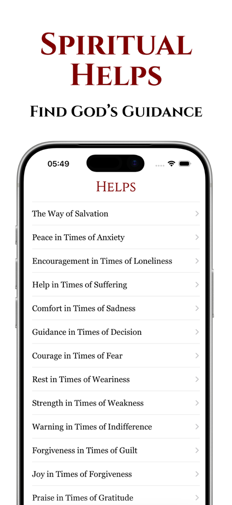 Biblearn+™ KJV: AI Bible Study - Spiritual helps screen in the Biblearn app offering biblical guidance for situations like anxiety and loneliness