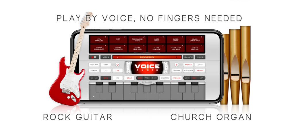 전기 기타와 오르간 파이프 일러스트레이션과 함께 음성으로 연주 기능을 보여주는 Voice Synth Modular 앱 인터페이스