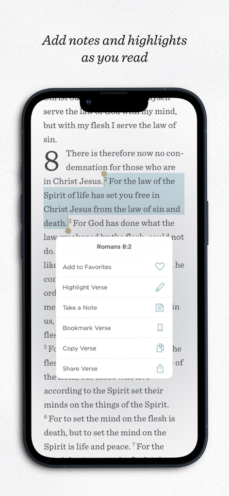 Smartphone displaying the ESV Bible app with a highlighted verse and a menu for notes and favorites.