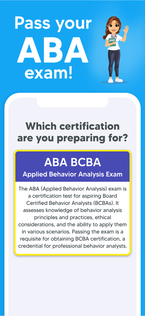 ABA Exam Prep & BCBA Test 2025 - Pantalla de bienvenida de la aplicación de preparación de exámenes ABA BCBA con selección de certificación