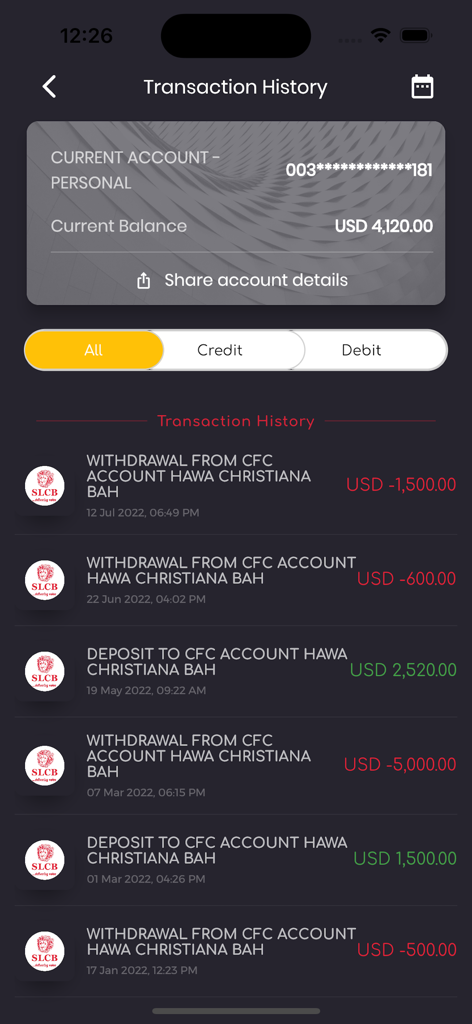 SLCB - SLCB app transaction history showing USD account balance and recent transfers