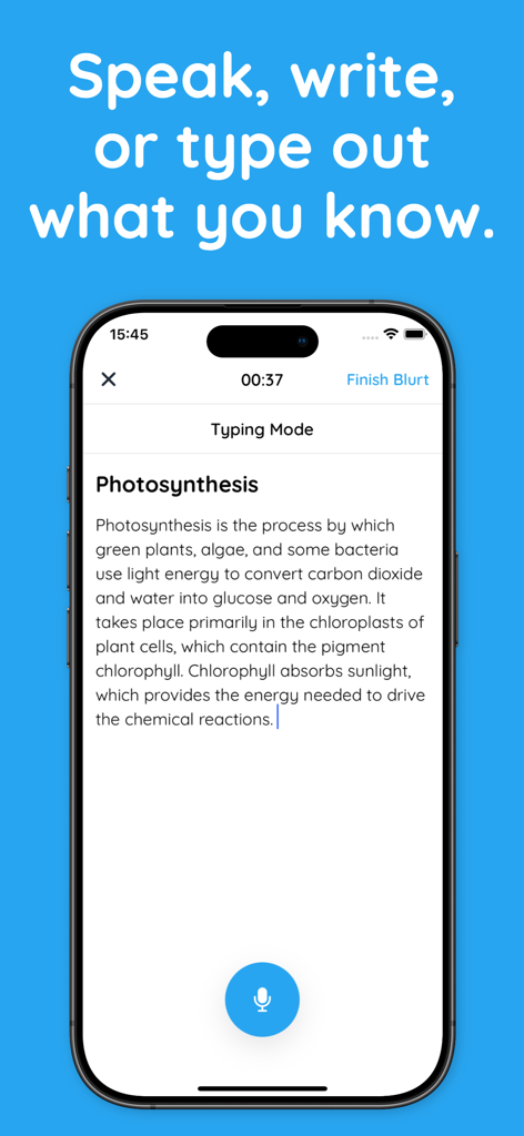 Interface of the Blurt study app showing a user typing a summary about photosynthesis with a microphone button for voice input.