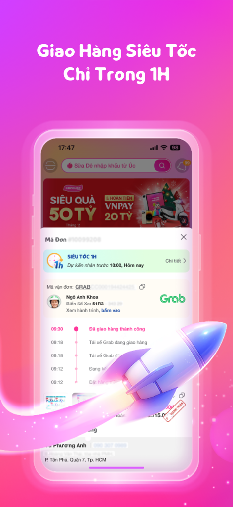 Con Cưng #1 Mẹ và Bé - Interface de l'application Con Cung montrant le suivi de livraison ultra-rapide en 1 heure avec une icône de fusée
