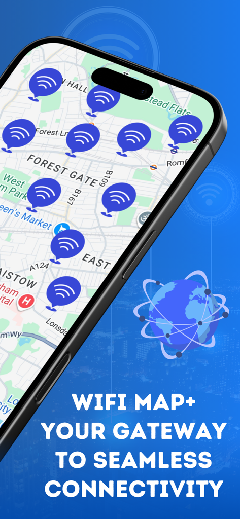 Écran de smartphone affichant l'application Wifi Map plus avec des marqueurs de signal réseau sur une carte