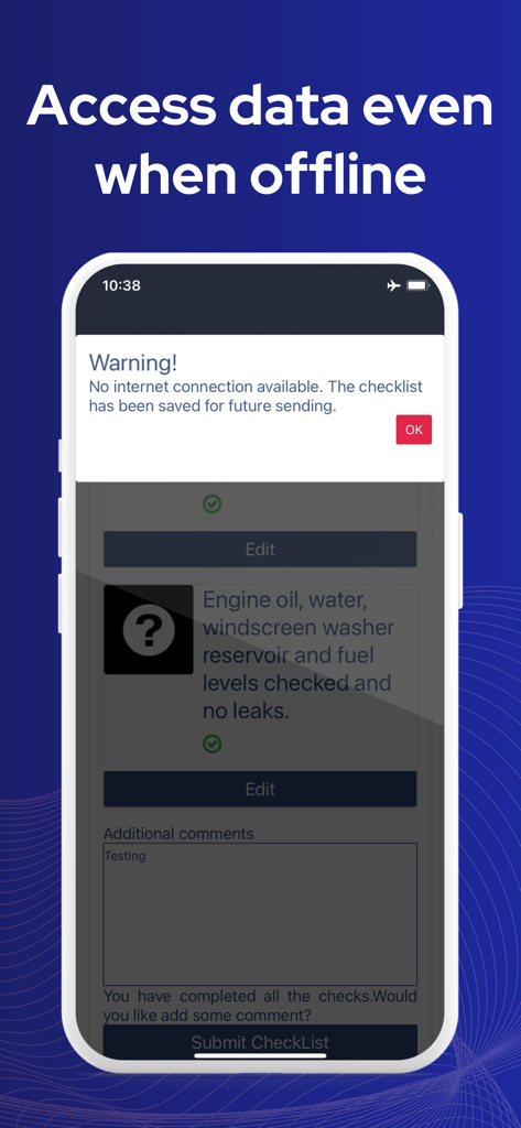 Transpoco Driver App-Oberfläche, die eine Offline-Benachrichtigung für gespeicherte Fahrzeugchecks anzeigt