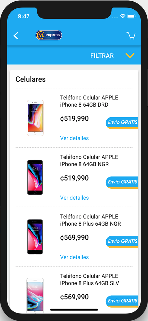 MExpress - A list of iPhones for sale on the MExpress mobile app shopping catalog with prices and free shipping tags