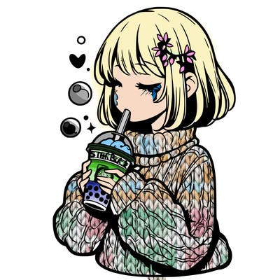 manga girl drinking boba in cozy sweater