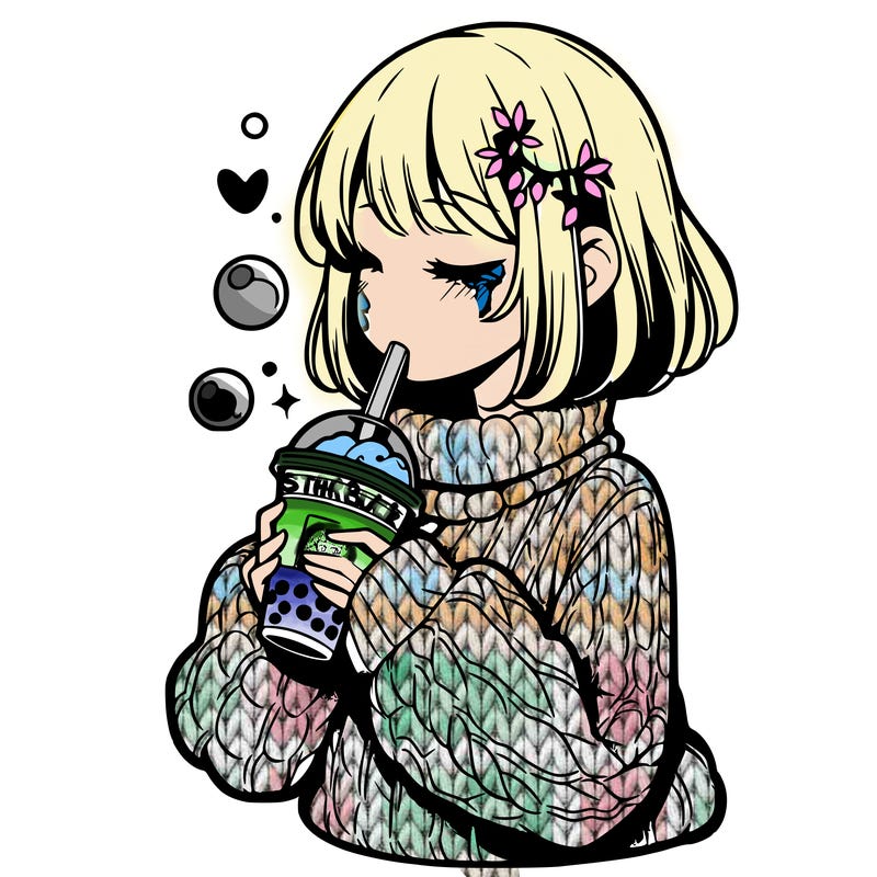 manga girl drinking boba in cozy sweater