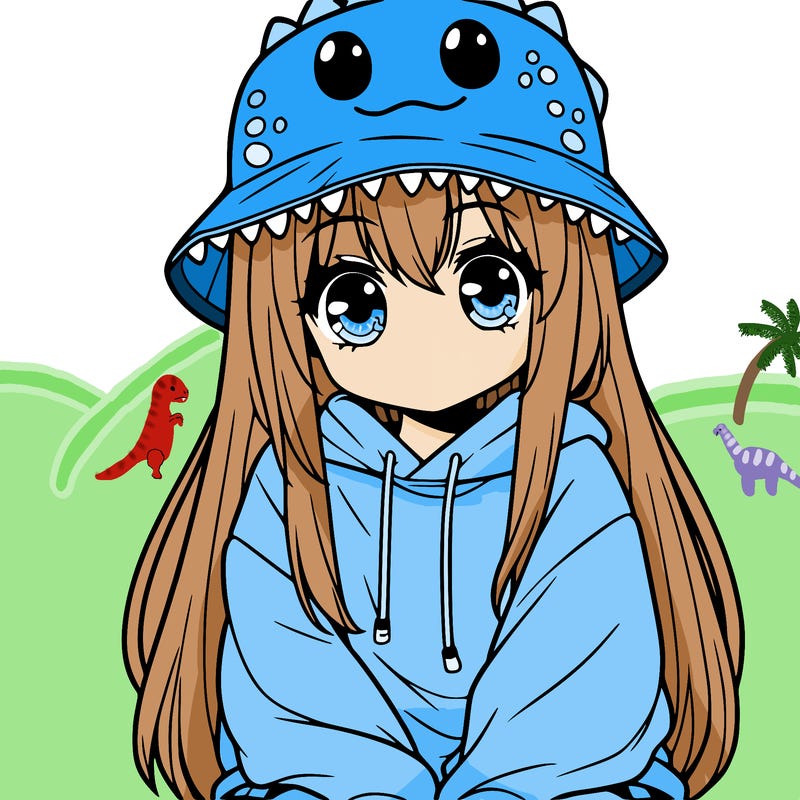 girl with anime shaped eyes with a dinosaur bucket hat oversized sweatshirt long straight hair