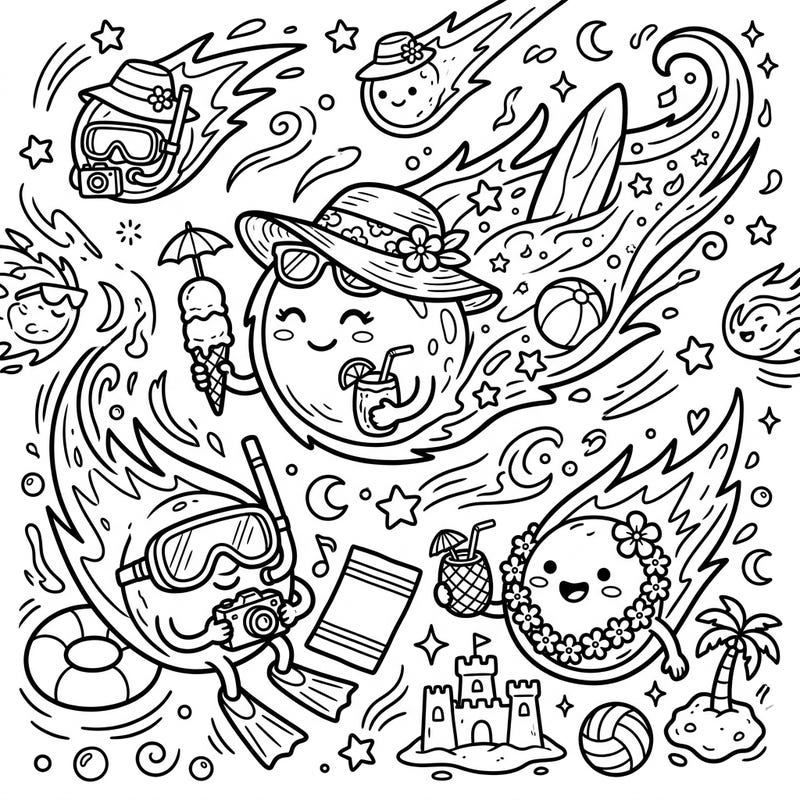 Get ready for an out-of-this-world summer adventure with this playful coloring page featuring Kuiper Belt Comets! These adorable celestial travelers are enjoying a vibrant beach vacation, complete with tropical drinks, snorkeling, and sandcastles.