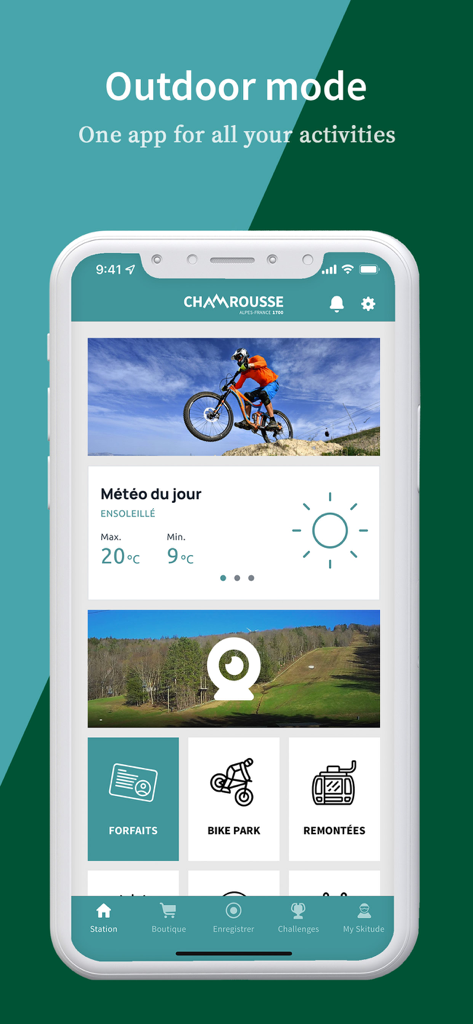 Chamrousse app interface in outdoor mode showing mountain biking features and daily weather