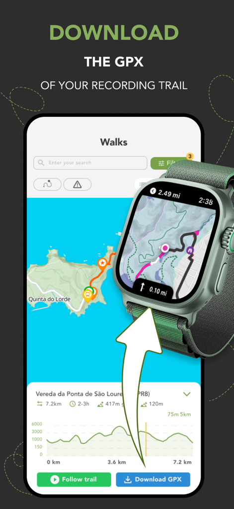 WalkMe | Walking in Madeira - Smartwatch and phone displaying a hiking trail map and GPX download button for Madeira walks