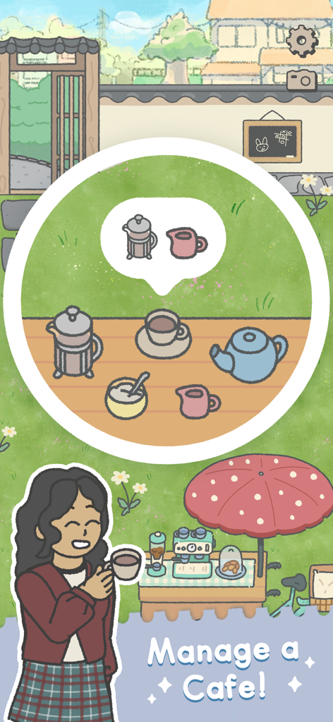 다양한 찻잔 세트와 함께 '카페 운영'이라는 글자가 적힌 정원 카페에서 차를 들고 있는 캐릭터.