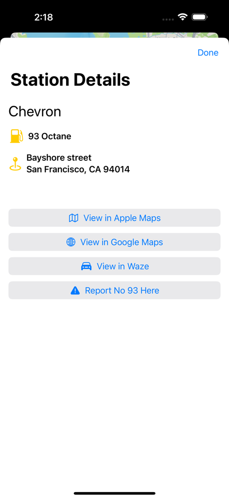 Find93 - Find93 app station details for a Chevron gas station with 93 octane in San Francisco showing navigation integration options.