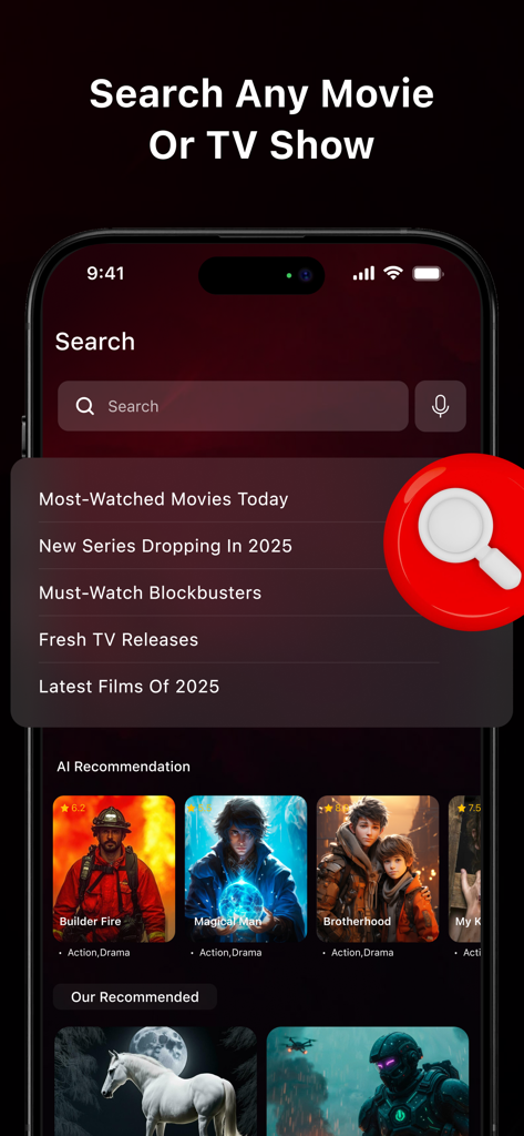 NetMirror APP - Watch Movies - Search screen of the NetMirror app for finding movies and TV shows with AI recommendations
