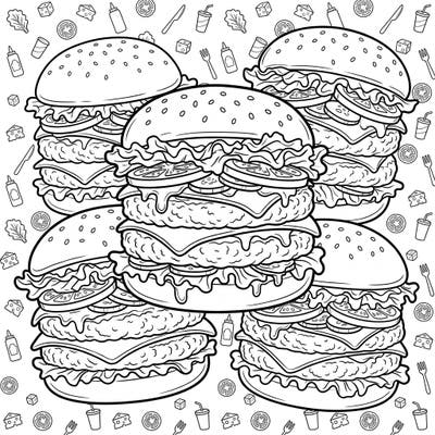 Prepare your appetite for creativity with this fantastic Double Patty Burgers coloring page! Featuring multiple generously stacked burgers, each layer of cheese, patty, and fresh veggie awaits your vibrant artistic flair.