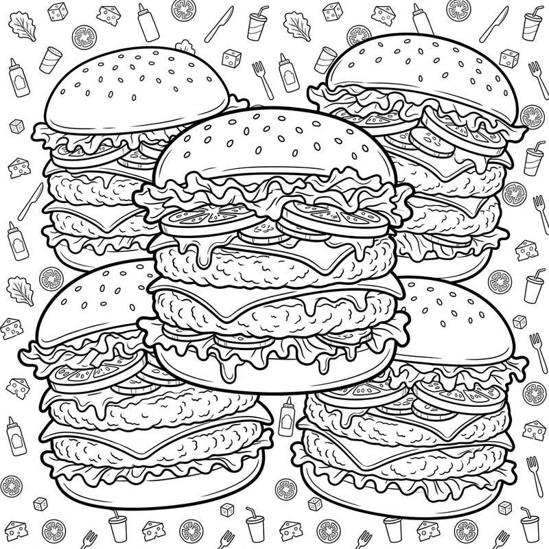 Prepare your appetite for creativity with this fantastic Double Patty Burgers coloring page! Featuring multiple generously stacked burgers, each layer of cheese, patty, and fresh veggie awaits your vibrant artistic flair.