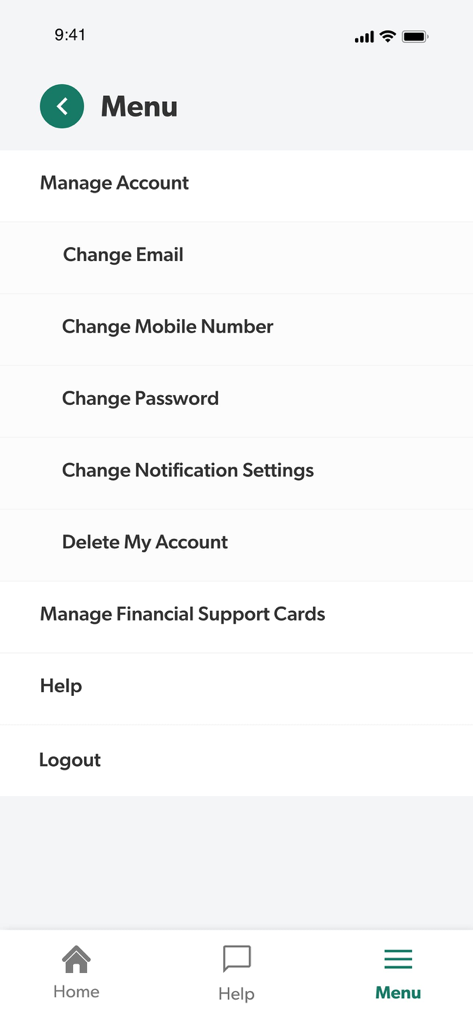 MyRx Care Support - Main menu of the MyRx Care Support app showing account management and financial support card options