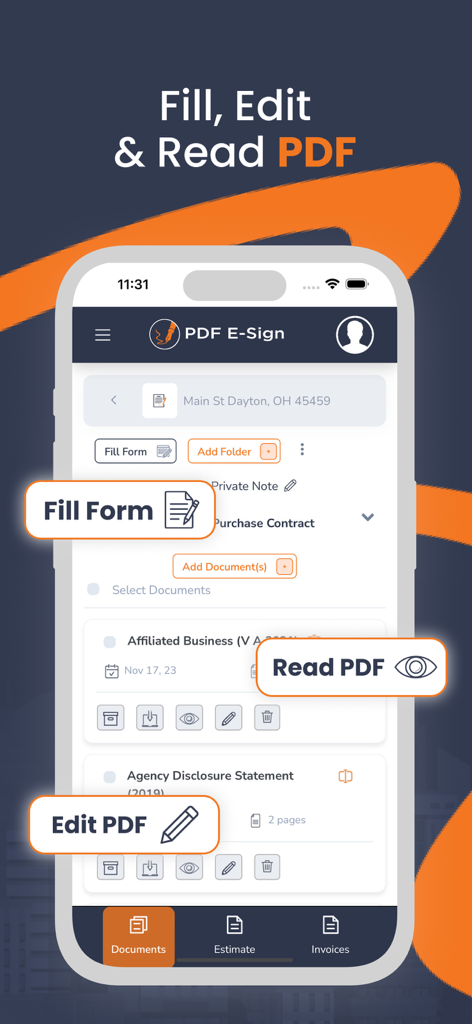 PDFEsign.com PDF E-Sign - Pantalla de la aplicación móvil que muestra opciones para rellenar, editar y leer contratos y documentos PDF