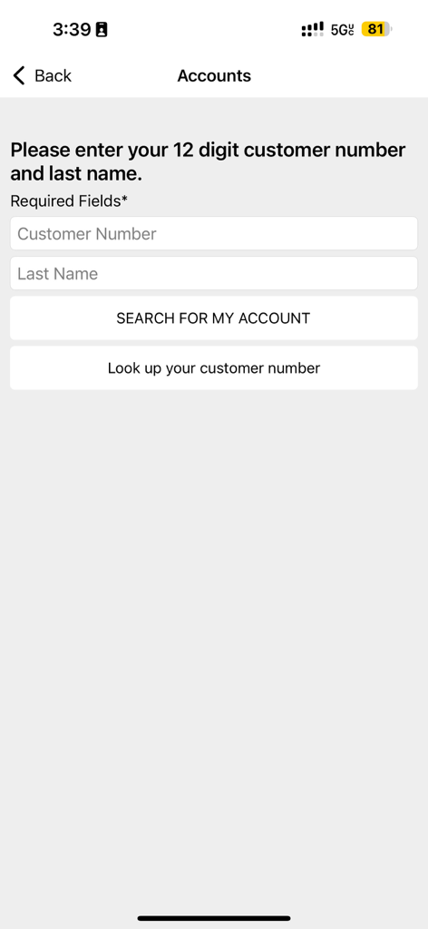 Texas Hunt and Fish app account search screen for hunters and anglers to log in using their customer number and last name